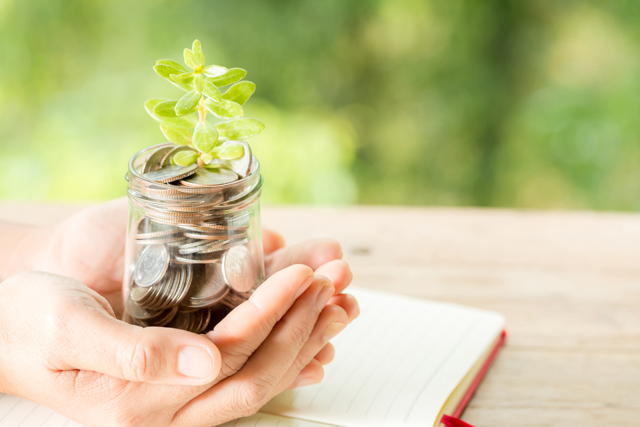 woman-hand-holding-plant-growing-from-coins-bottle